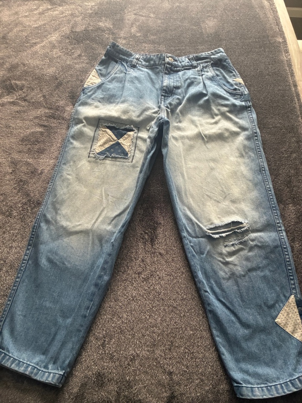 Relaxed Light Blue Women Patchwork Distressed Jeans